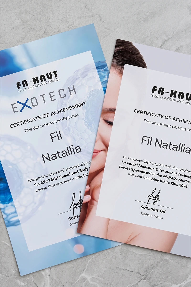 Сертифікат академії FR-HAUT для косметолога Наталії Філь